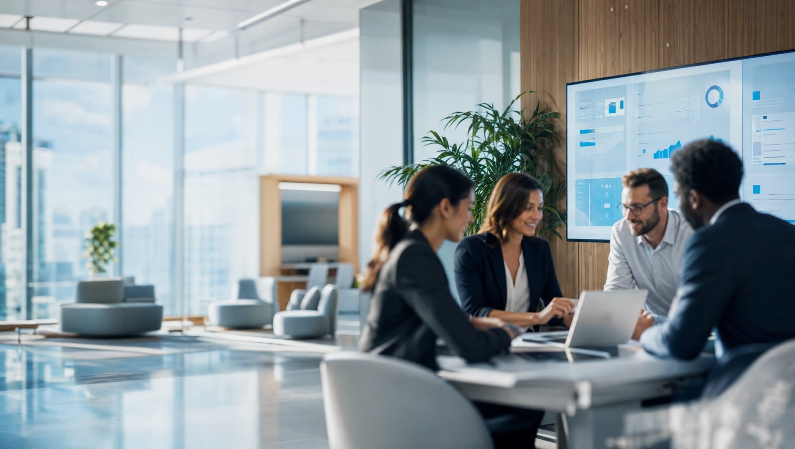 A team collaborating in a modern office with a Microsoft 365 dashboard on screen