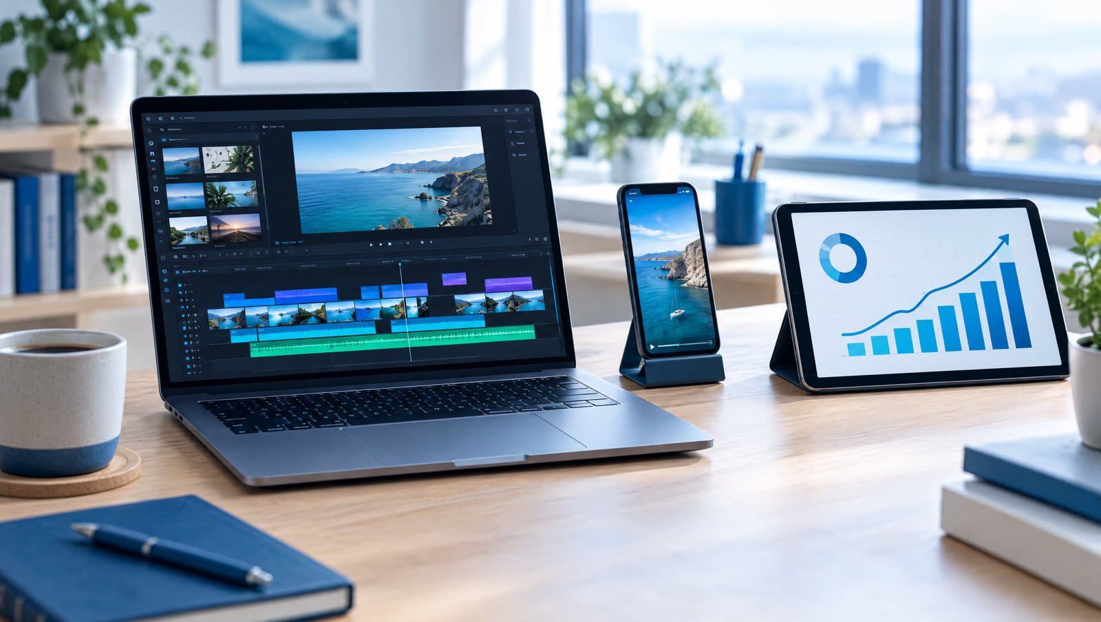 A video being edited on a laptop beside a phone showing a short-form post and a tablet showing a rising chart